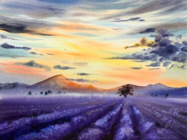Painting titled "Lavender field #2" by Eugenia Gorbacheva, Original Artwork, Watercolor
