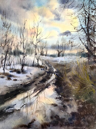 Painting titled "Early spring sunset" by Eugenia Gorbacheva, Original Artwork, Watercolor