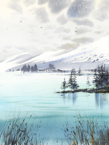 Pintura intitulada "Turquoise landscape…" por Eugenia Gorbacheva, Obras de arte originais, Aquarela