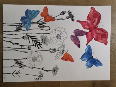 Zeichnungen mit dem Titel "Papillons et fleurs…" von Sandra Delfanne, Original-Kunstwerk, Tinte