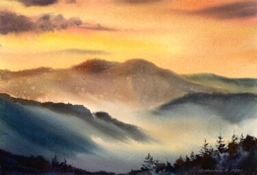 Картина под названием "Sunset in the mount…" - Eugenia Gorbacheva, Подлинное произведение искусства, Акварель