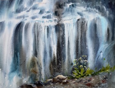 Painting titled "Waterfall #3" by Eugenia Gorbacheva, Original Artwork, Watercolor