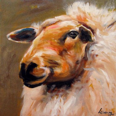 Painting titled "Sheep 304" by James Shang, Original Artwork, Oil Mounted on Wood Stretcher frame