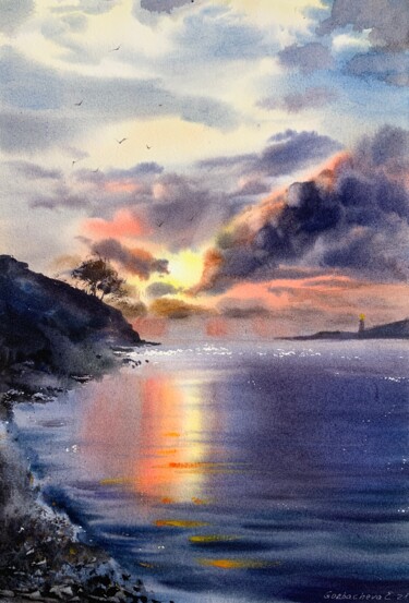 Painting titled "Orange sunset #3" by Eugenia Gorbacheva, Original Artwork, Watercolor