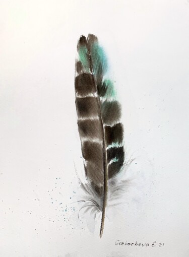 Painting titled "One feather" by Eugenia Gorbacheva, Original Artwork, Watercolor
