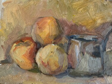 Painting titled "Apple and two peach…" by Ekaterina Belukhina, Original Artwork, Oil