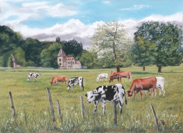 Malerei mit dem Titel "Vaches dans le bas…" von Michel De Ruyck, Original-Kunstwerk, Conté-Buntstifte Auf Holzplatte montiert