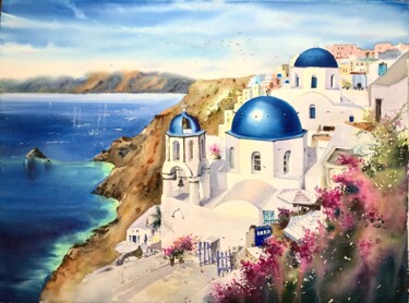 Painting titled "Santorini, Greece #5" by Eugenia Gorbacheva, Original Artwork, Watercolor