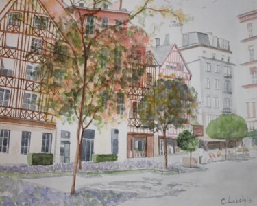 Painting titled "place du vieux marc…" by Claude Lacointe, Original Artwork, Watercolor