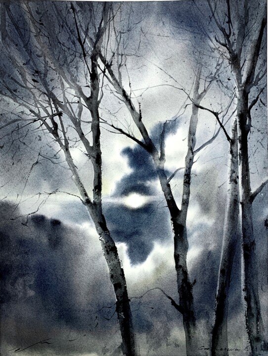 Schilderij getiteld "Birch trees in the…" door Eugenia Gorbacheva, Origineel Kunstwerk, Aquarel