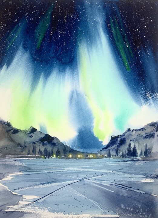 Peinture intitulée "Aurora borealis #25" par Eugenia Gorbacheva, Œuvre d'art originale, Aquarelle