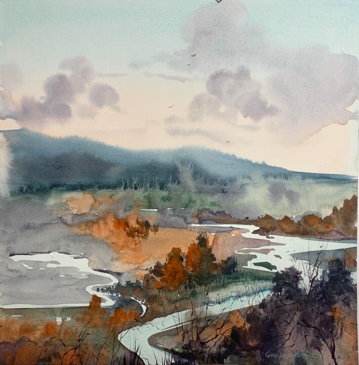 Peinture intitulée "Fall landscape #2" par Eugenia Gorbacheva, Œuvre d'art originale, Aquarelle