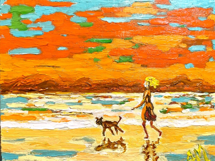 Картина под названием "Girl with the dog" - Anna Makarova, Подлинное произведение искусства, Масло