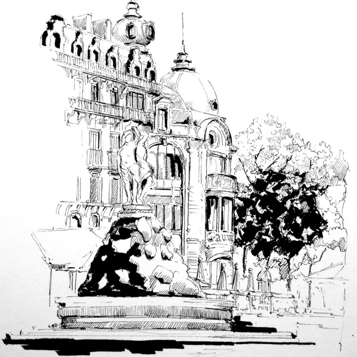 Desenho intitulada "Place de la comédie…" por Veronique Gaudin, Obras de arte originais, Tinta