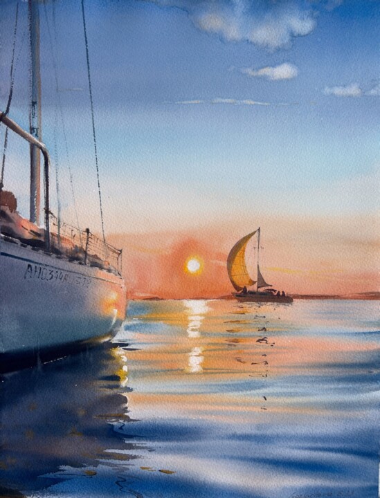 Peinture intitulée "Yachts at sunset #10" par Eugenia Gorbacheva, Œuvre d'art originale, Aquarelle