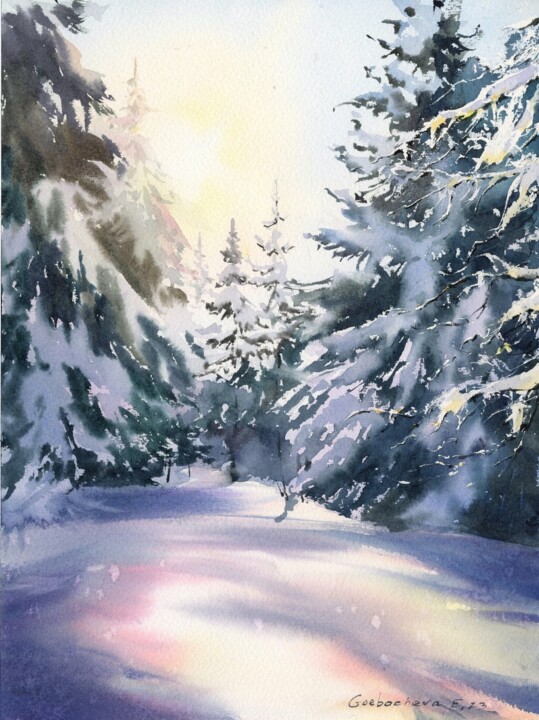 Painting titled "Winter forest in th…" by Eugenia Gorbacheva, Original Artwork, Watercolor