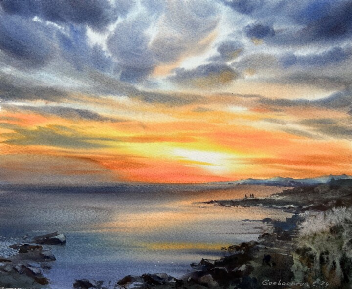 Peinture intitulée "Orange sunset #23" par Eugenia Gorbacheva, Œuvre d'art originale, Aquarelle