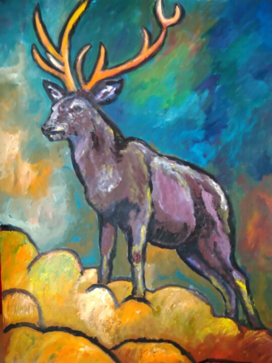 Painting titled "CHAMOIS" by Les Pinceaux Dorés De Rosa Et Lys, Original Artwork, Oil