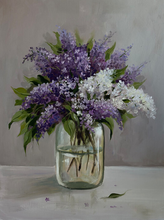 Painting titled "Lilac in a jar" by Viktoriia Derbaba, Original Artwork, Oil Mounted on Wood Stretcher frame