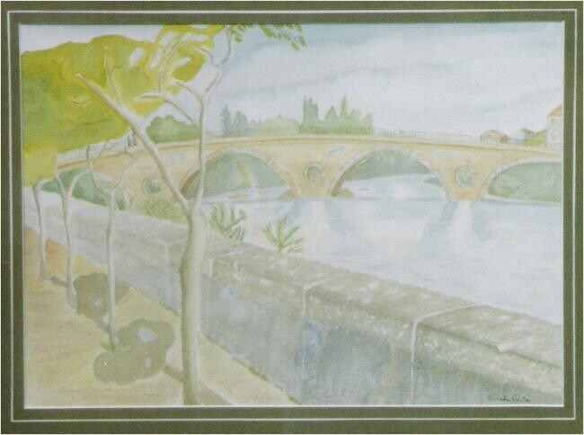 Painting titled "le pont" by Claude Conte, Original Artwork, Watercolor