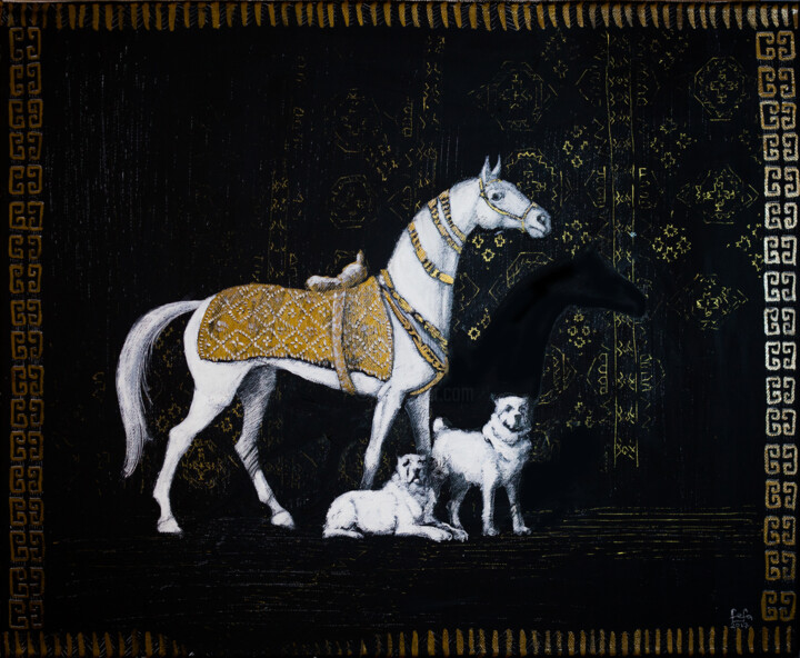 Peinture intitulée "Turkmen horse and d…" par Fefa Koroleva, Œuvre d'art originale, Acrylique