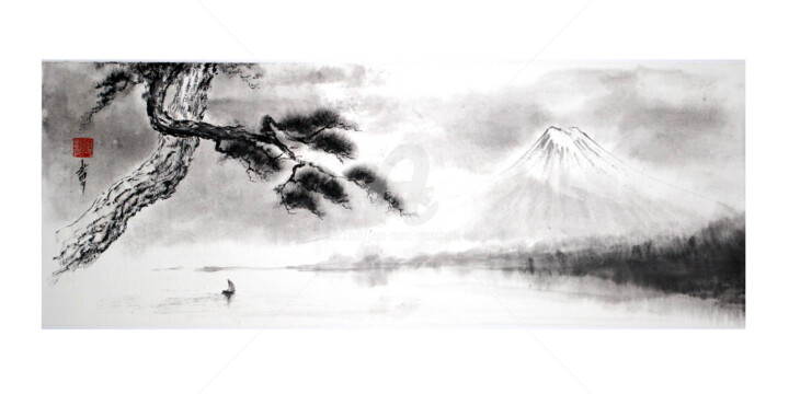 Painting titled "Au loin, le Mont Fu…" by Jean-Marc Moschetti (encre-zen), Original Artwork, Ink Mounted on Wood Stretcher f…