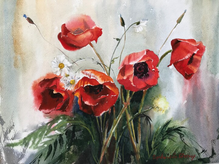 Картина под названием "Poppies" - Eugenia Gorbacheva, Подлинное произведение искусства, Акварель