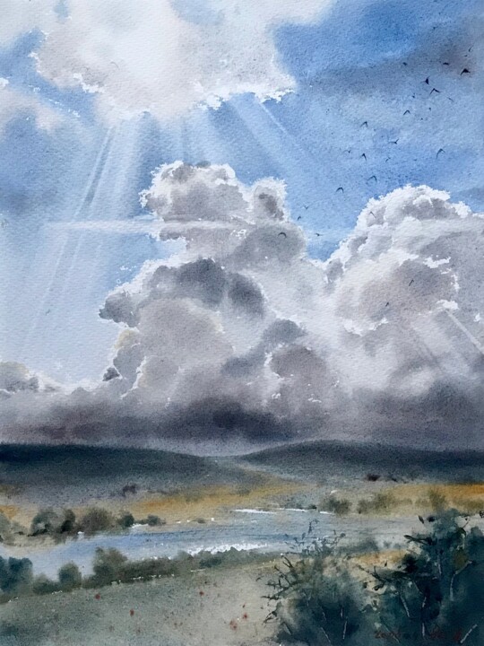 Peinture intitulée "Field and clouds" par Eugenia Gorbacheva, Œuvre d'art originale, Aquarelle
