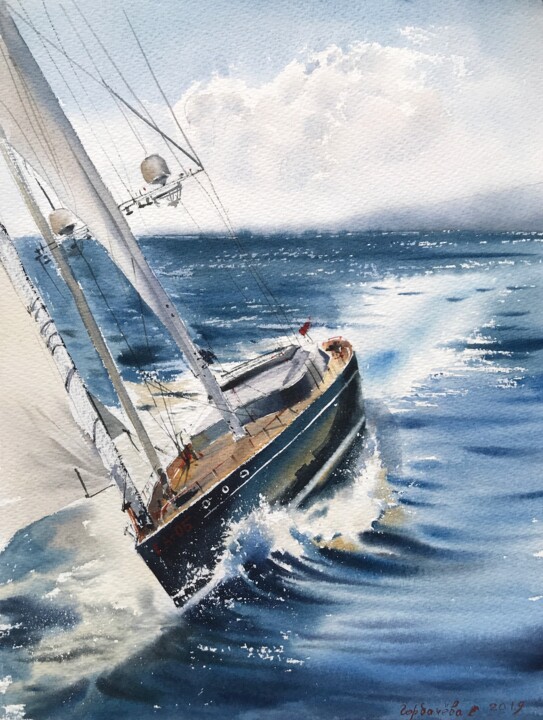 Pittura intitolato "Yacht on the waves" da Eugenia Gorbacheva, Opera d'arte originale, Acquarello