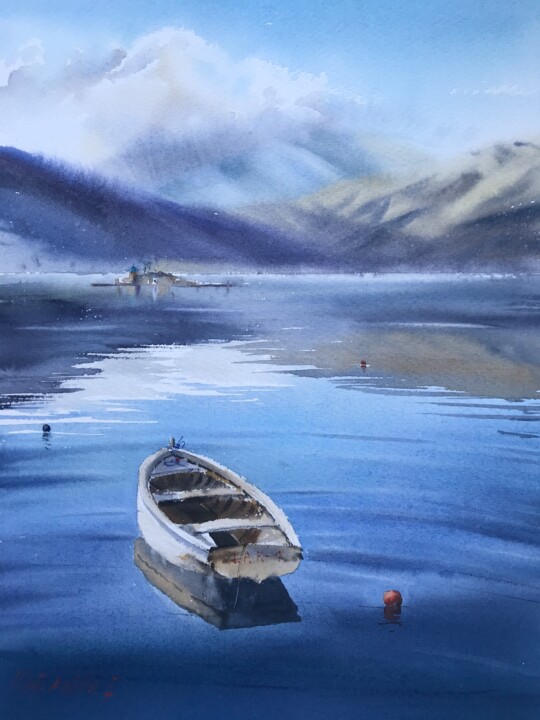 Pittura intitolato "The Boat, Montenegro" da Eugenia Gorbacheva, Opera d'arte originale, Acquarello