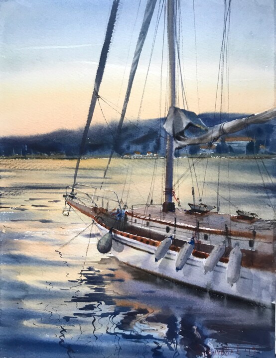 Painting titled "Yacht before sunset" by Eugenia Gorbacheva, Original Artwork, Watercolor