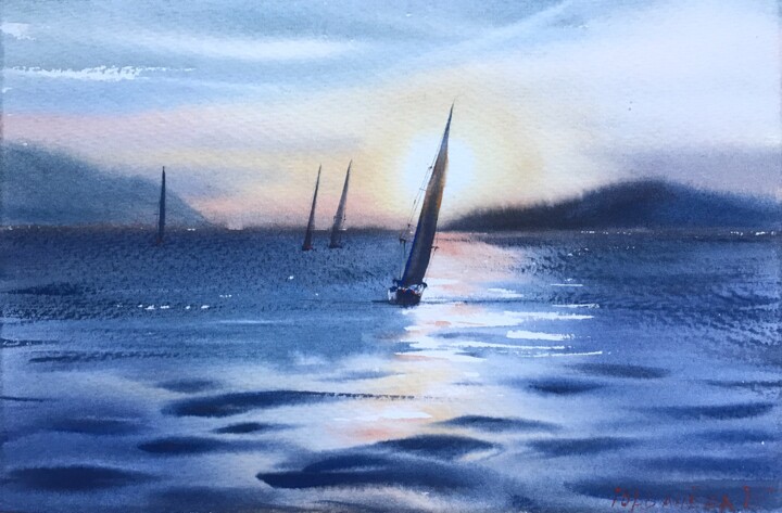 Peinture intitulée "Yachts at sunset" par Eugenia Gorbacheva, Œuvre d'art originale, Aquarelle