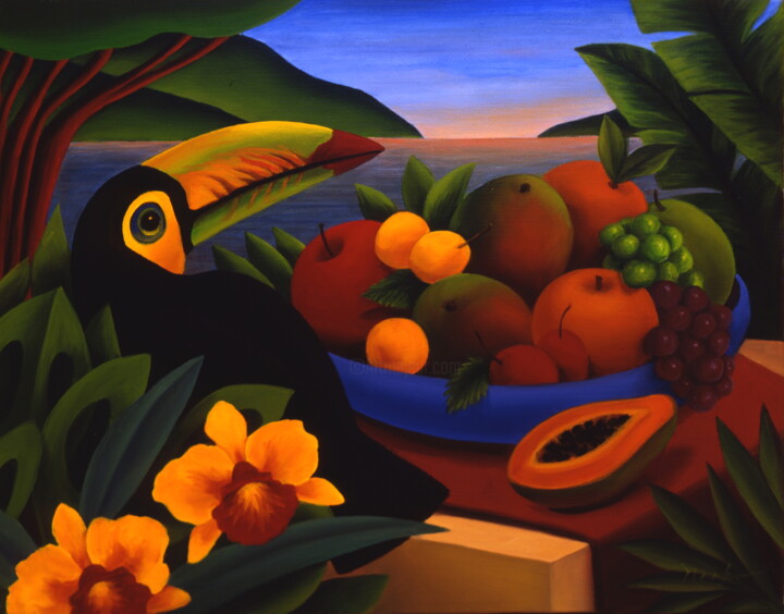 Painting titled "Tropical Toucan" by Naoko Paluszak, Original Artwork, Oil Mounted on Wood Stretcher frame