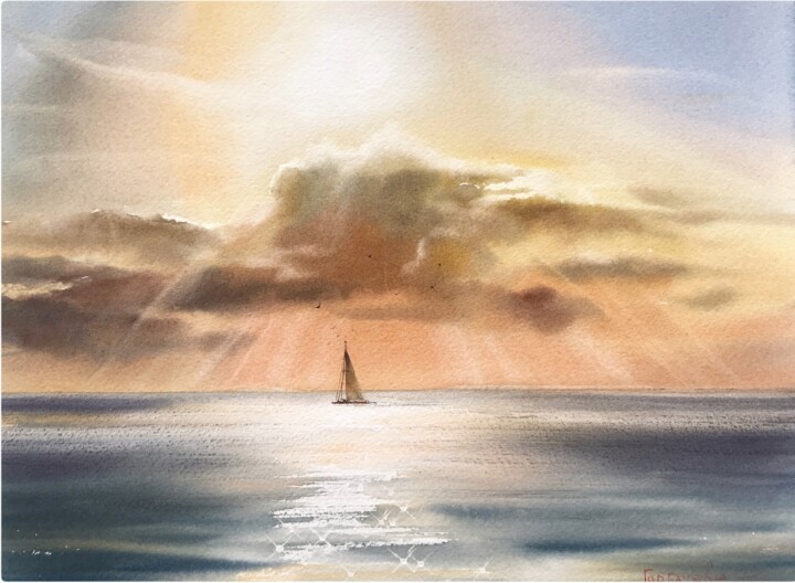 Peinture intitulée "Sailboat and clouds…" par Eugenia Gorbacheva, Œuvre d'art originale, Aquarelle