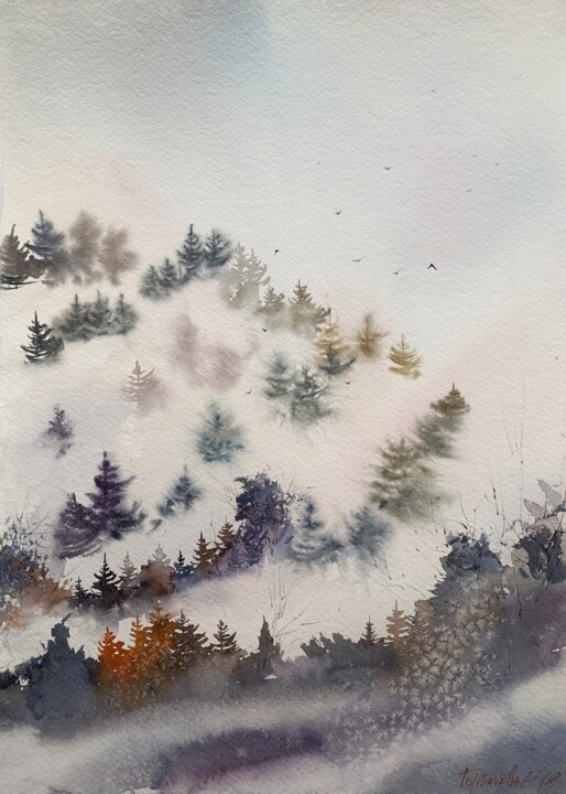 Painting titled "Mountain spruce for…" by Eugenia Gorbacheva, Original Artwork, Watercolor