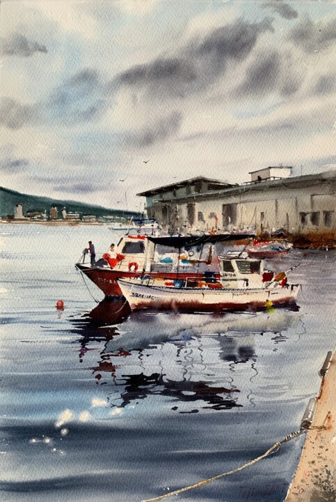Painting titled "Fishing boats, Pala…" by Eugenia Gorbacheva, Original Artwork, Watercolor