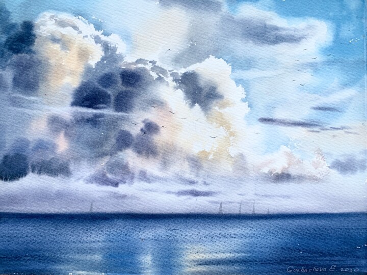 Painting titled "Sea cloudscape" by Eugenia Gorbacheva, Original Artwork, Watercolor