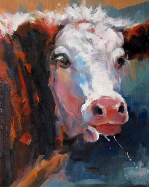 Painting titled "Cow #203" by James Shang, Original Artwork, Oil Mounted on Wood Stretcher frame