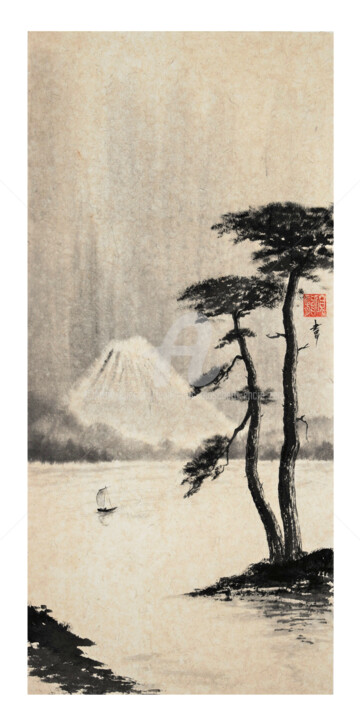 Peinture intitulée "Mont Fuji et deux p…" par Jean-Marc Moschetti (encre-zen), Œuvre d'art originale, Encre Monté sur Châssi…