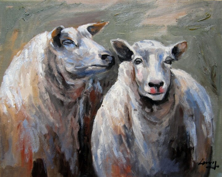 Painting titled "Sheep #401" by James Shang, Original Artwork, Oil Mounted on Wood Stretcher frame