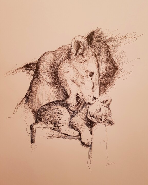 Zeichnungen mit dem Titel "Lionne." von Karl Robial, Original-Kunstwerk, Tinte