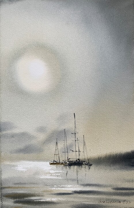 Painting titled "Yachts at anchor #3" by Eugenia Gorbacheva, Original Artwork, Watercolor