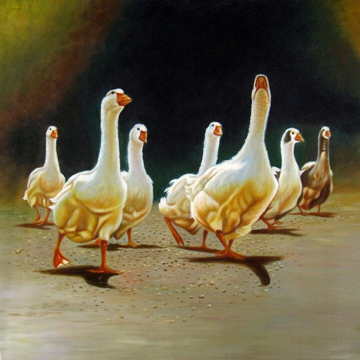 Painting titled "Goose 001D" by James Shang, Original Artwork, Oil Mounted on Wood Stretcher frame