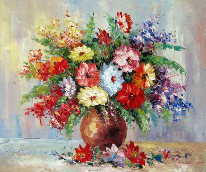 Painting titled "Vase Flower 219" by Greg Leander, Original Artwork, Oil Mounted on Wood Stretcher frame