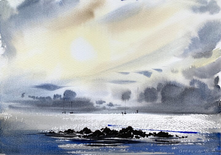 Картина под названием "Cliffs and sea #3" - Eugenia Gorbacheva, Подлинное произведение искусства, Акварель