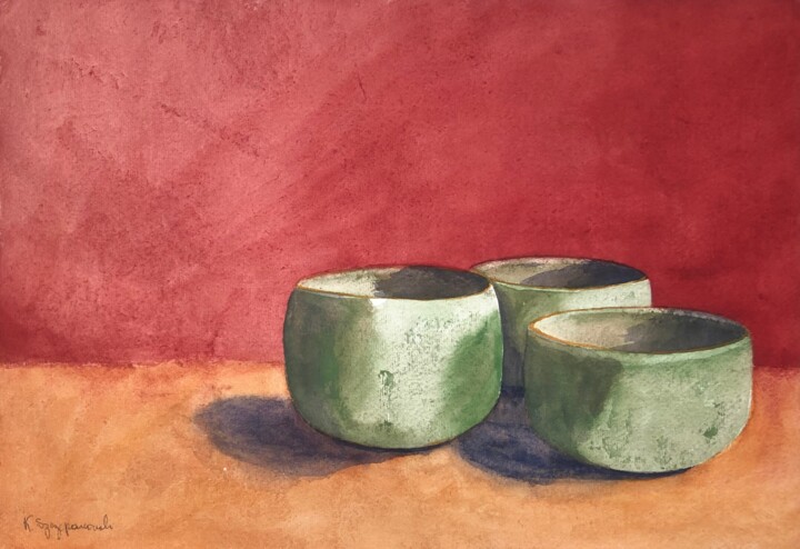Schilderij getiteld "Three green bowls" door Krystyna Szczepanowski, Origineel Kunstwerk, Aquarel