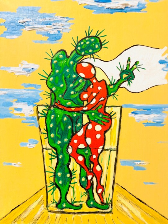 Painting titled "Wedding of cactus a…" by Anna Makarova, Original Artwork, Oil