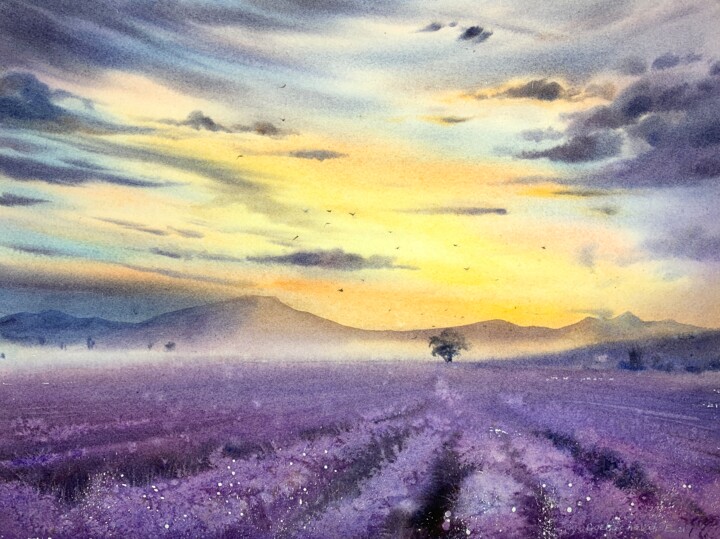 Peinture intitulée "Lavender field" par Eugenia Gorbacheva, Œuvre d'art originale, Aquarelle