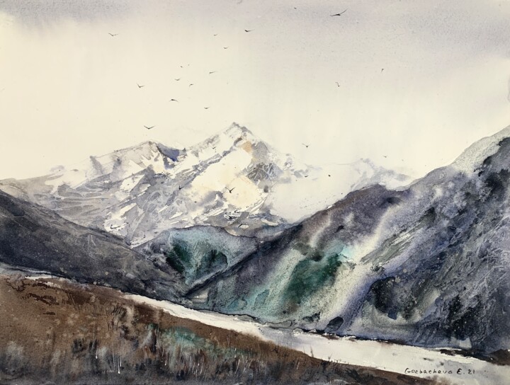 Картина под названием "Mountainscape #17" - Eugenia Gorbacheva, Подлинное произведение искусства, Акварель