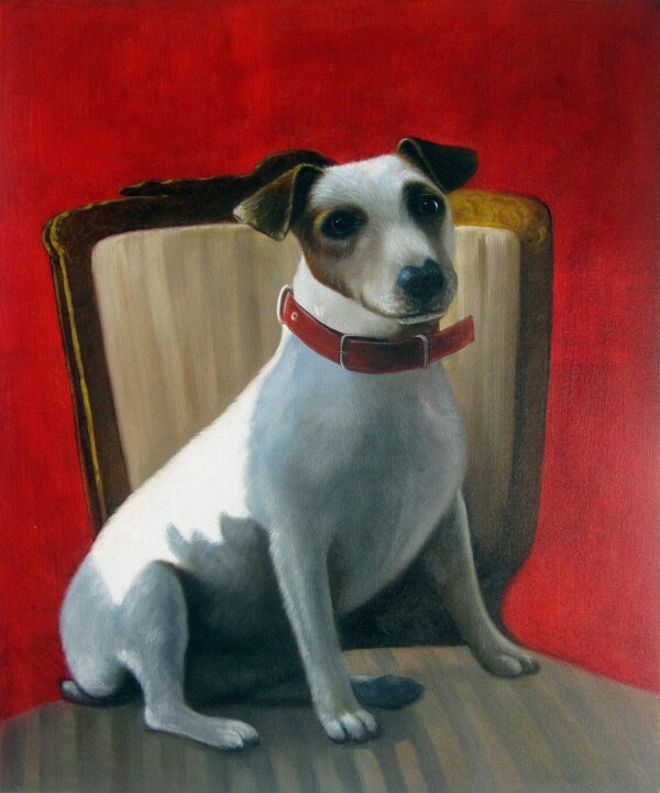 Painting titled "Portrait pet dog 009" by James Shang, Original Artwork, Oil Mounted on Wood Stretcher frame